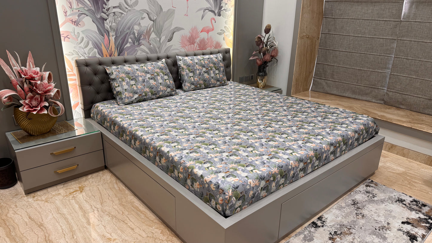 Green Floral Cotton King Size Bedsheet Set