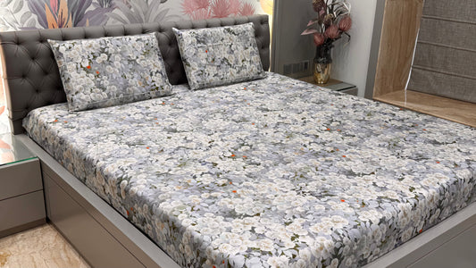 Grey Floral Pure Cotton Bedsheet