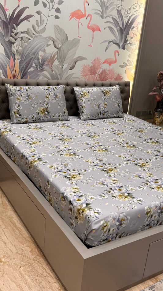 Grey Floral Cotton King Size Imported Bedsheet Set