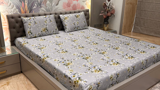 Grey floral Imported pure cotton Bedsheet