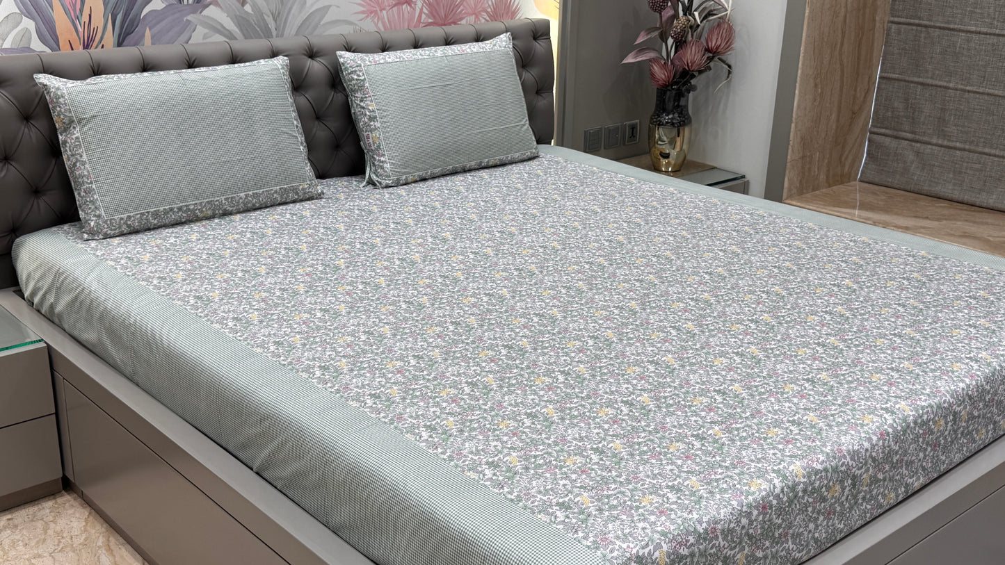 Imported Super Fine Pure Cotton Floral Green Bedsheet