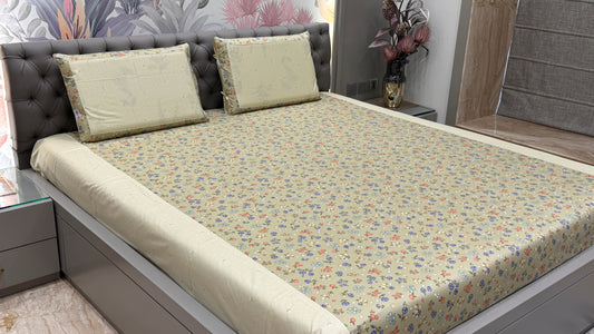 Pure Cotton Floral Print Beige Colour Bedsheet