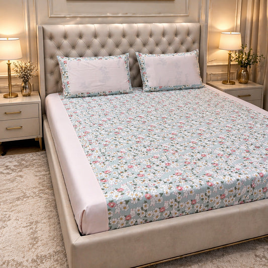 Pure Cotton Blue & Pink Floral Colour Print Bedsheet