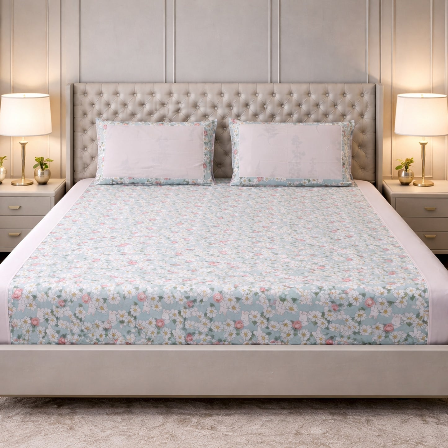 Pure Cotton Blue & Pink Floral Colour Print Bedsheet