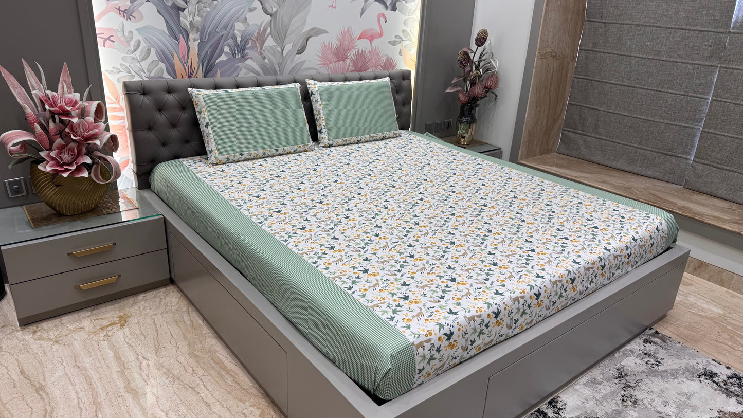 Animal Print Pure Cotton Green Colour Bedsheet