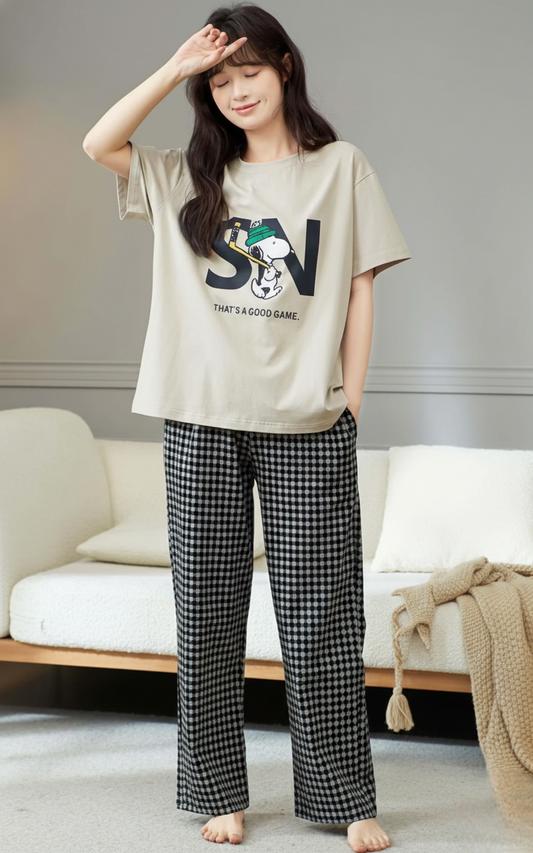 Grey Multicolour Cotton Night Suit