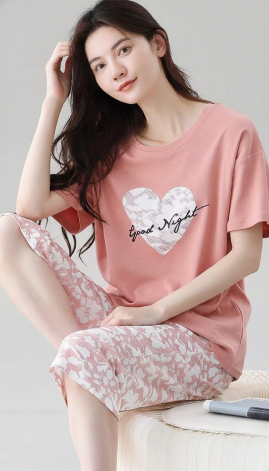 Pink Floral Hosiery Cotton Night Suit Set