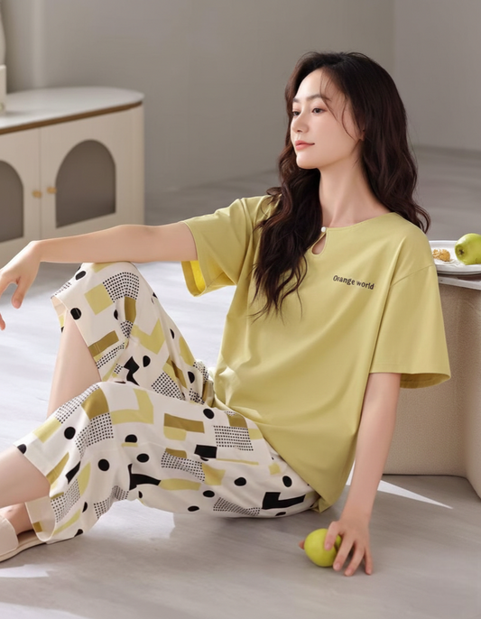 Yellow Geometric Print Hosiery Cotton Night Suit