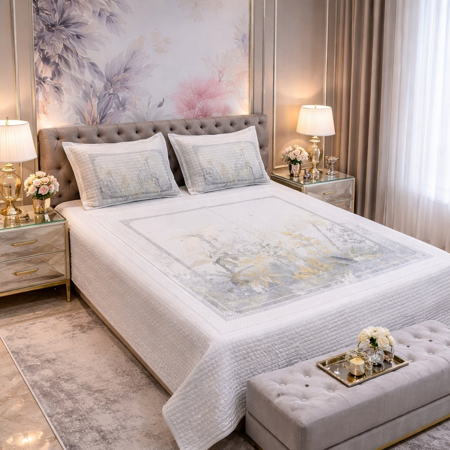 Elegant Frame Floral Design Digital Bedcover