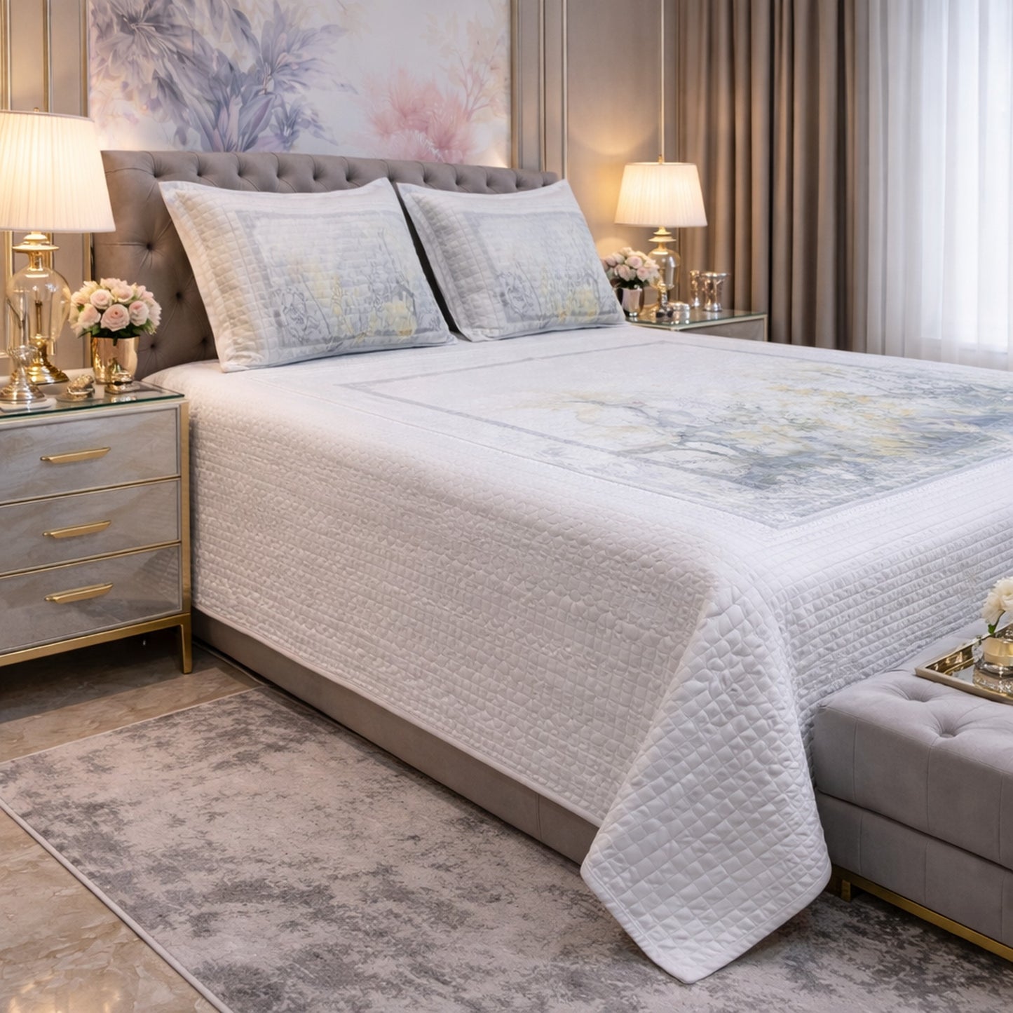 Elegant Frame Floral Design Digital Bedcover