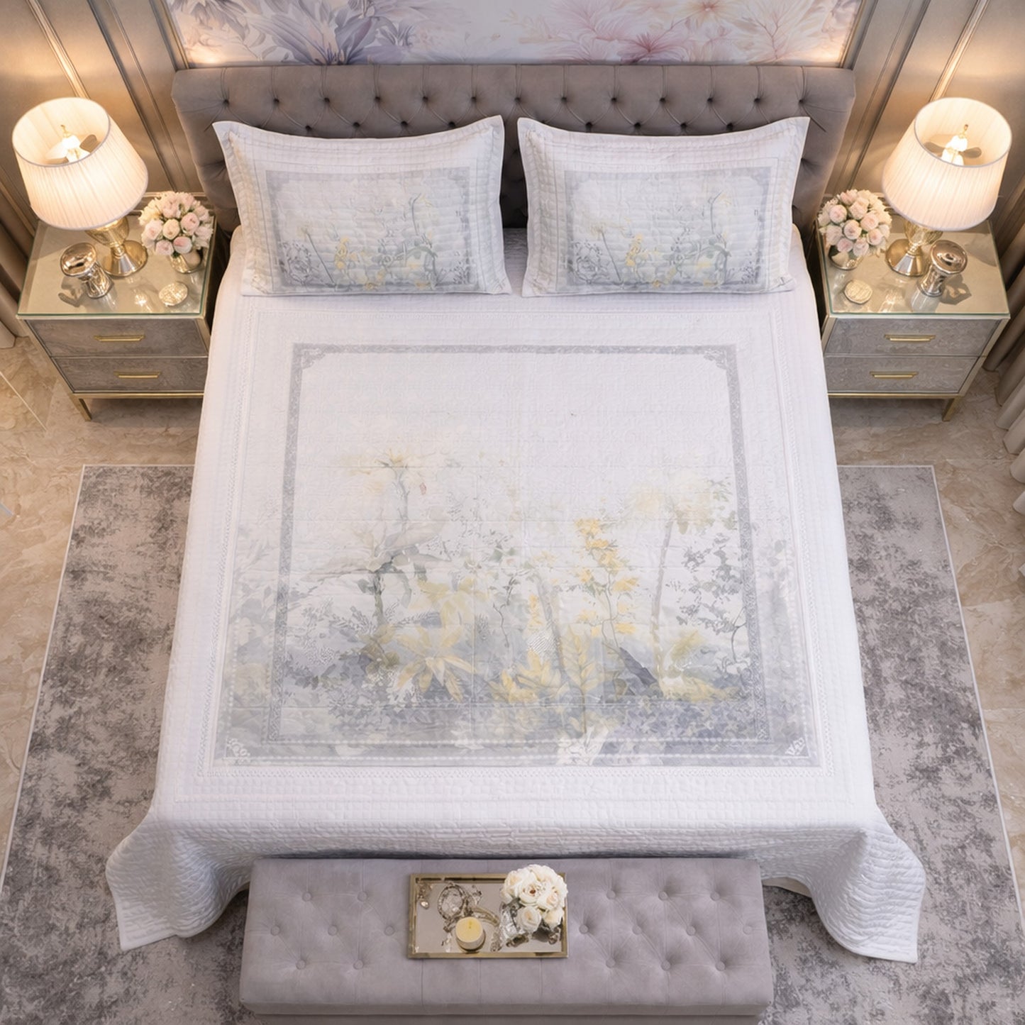 Elegant Frame Floral Design Digital Bedcover