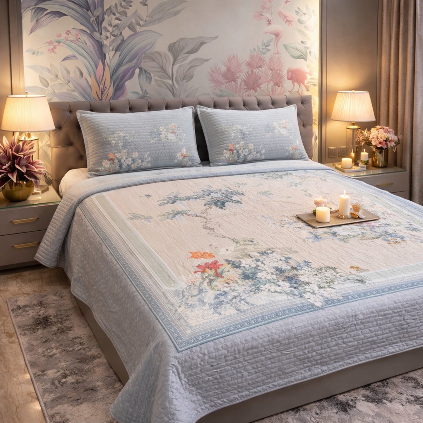 Grey Peach Frame Design Floral Digital Bedcover