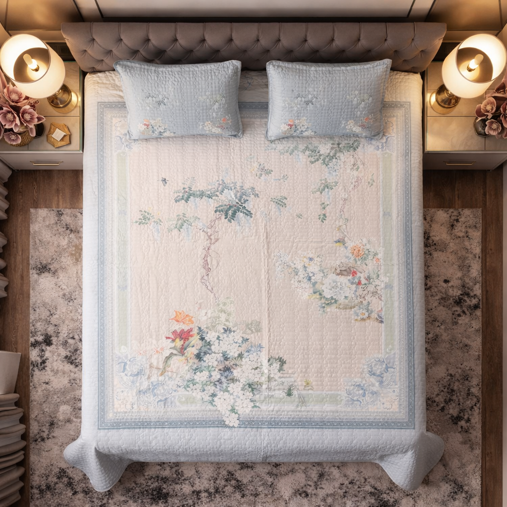 Grey Peach Frame Design Floral Digital Bedcover