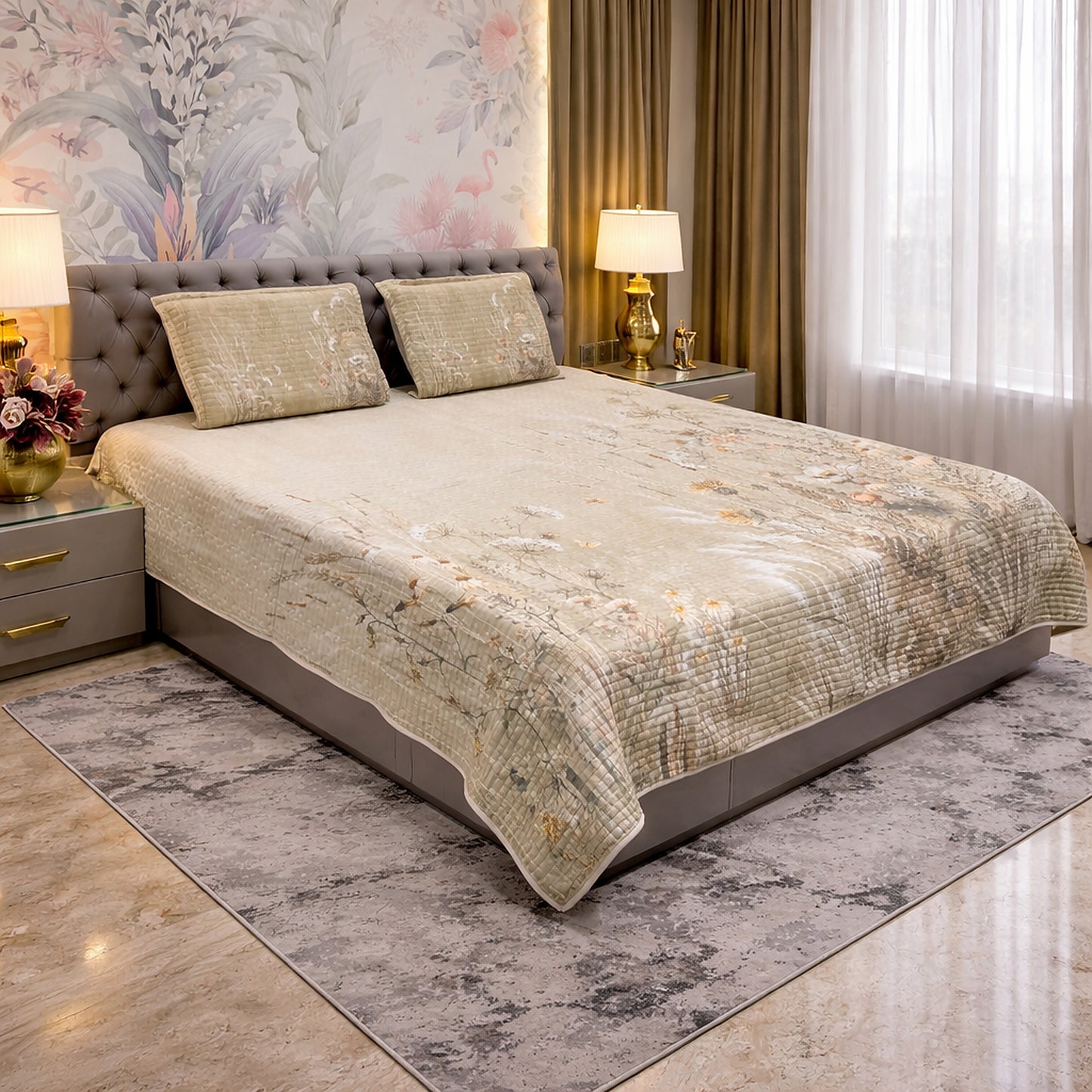 Elegant Beige Floral Digital Bedcover