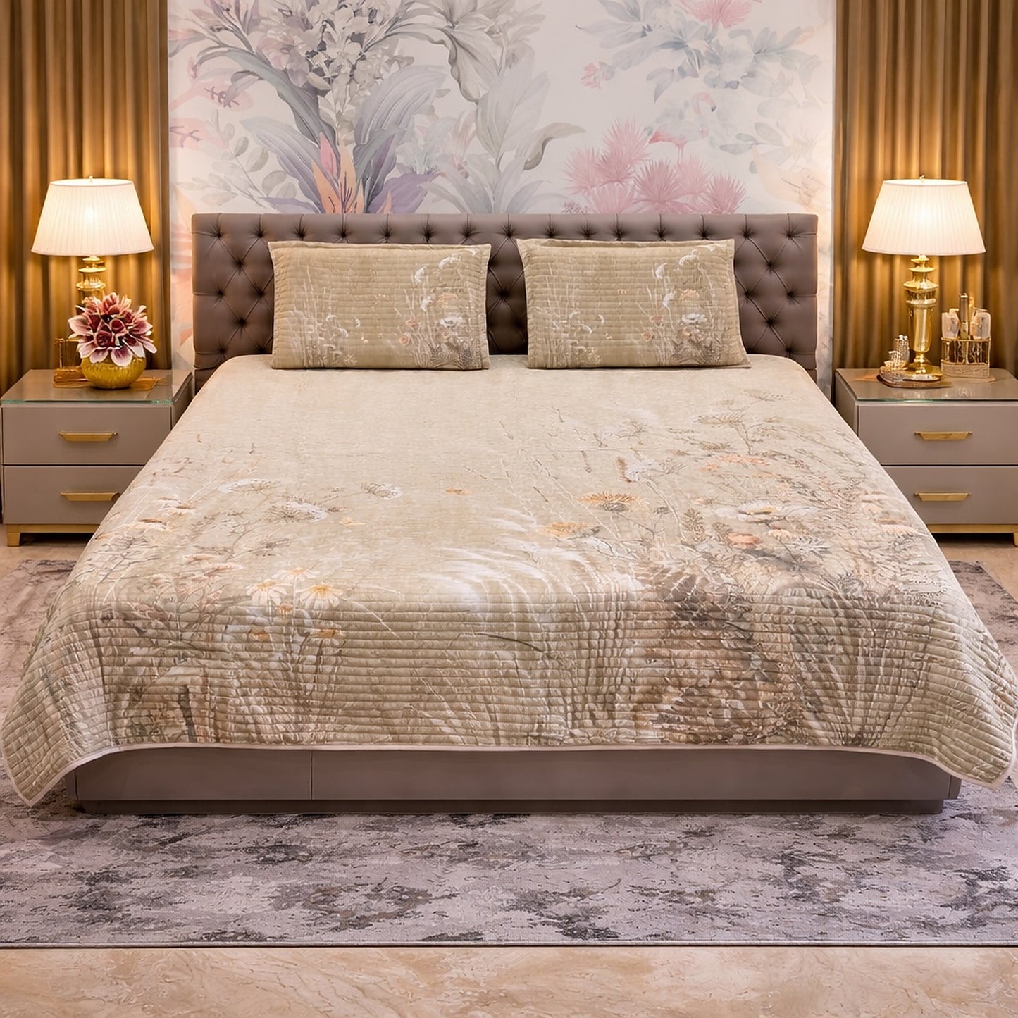 Elegant Beige Floral Digital Bedcover