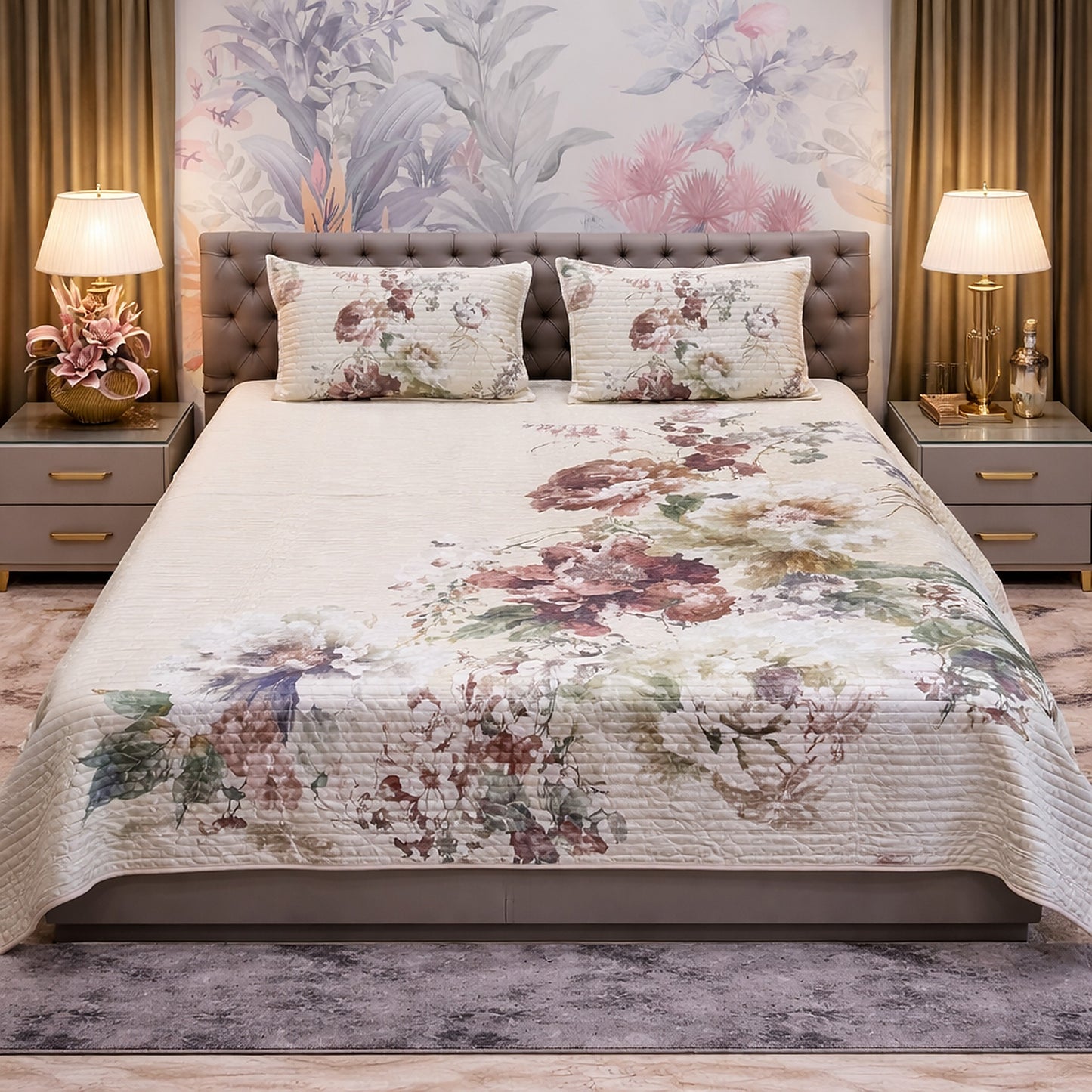 Floral Off White Print Digital Bedcover