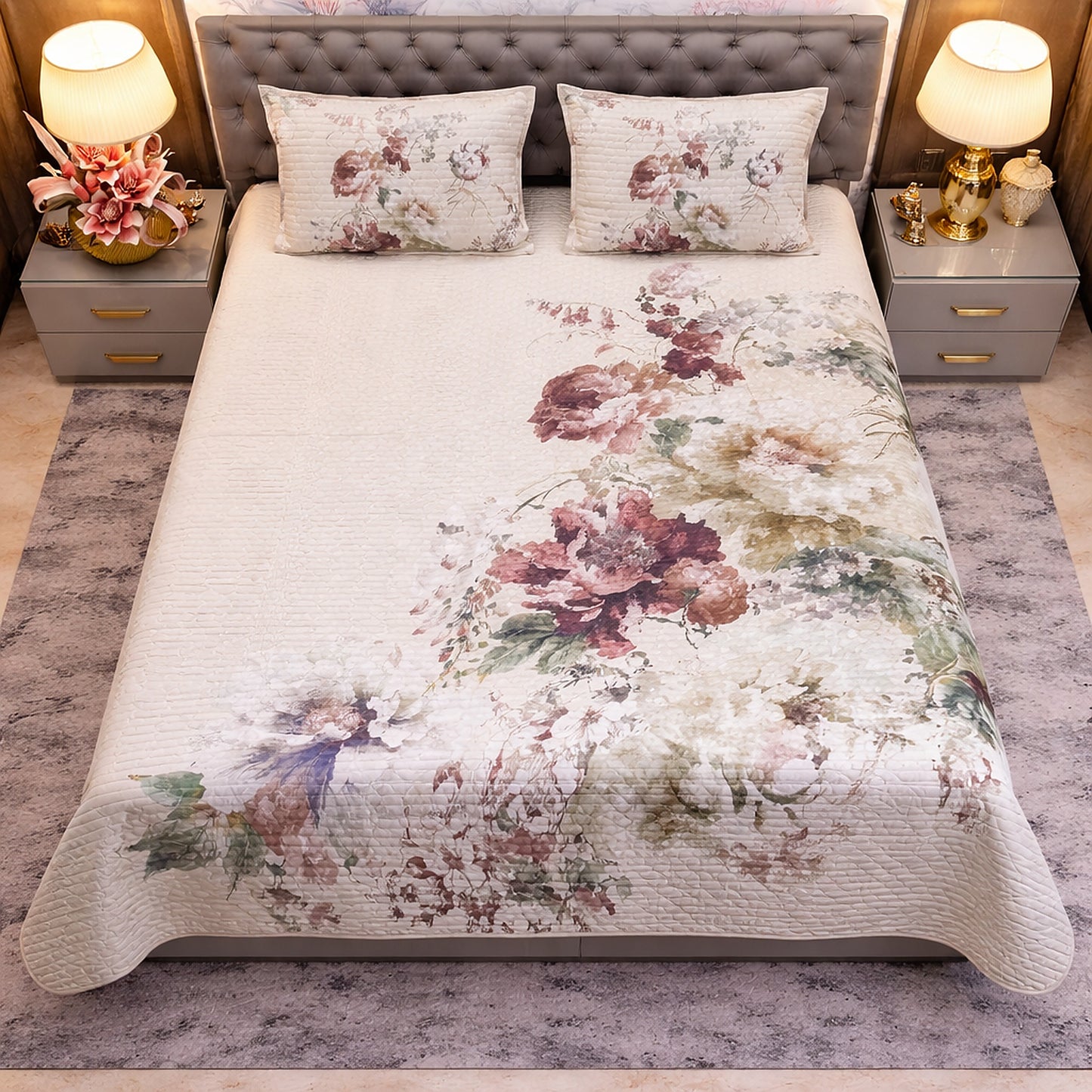 Floral Off White Print Digital Bedcover