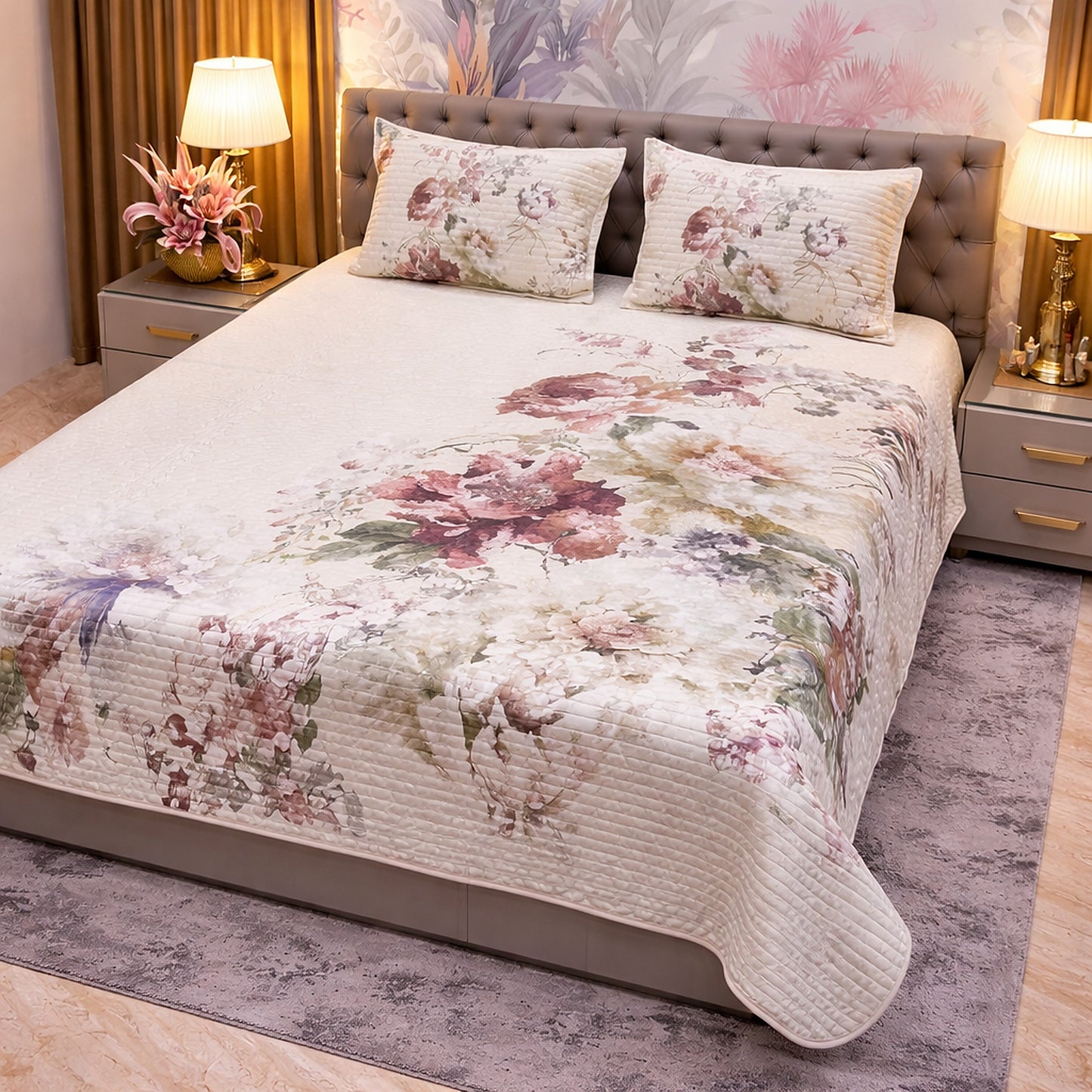 Floral Off White Print Digital Bedcover