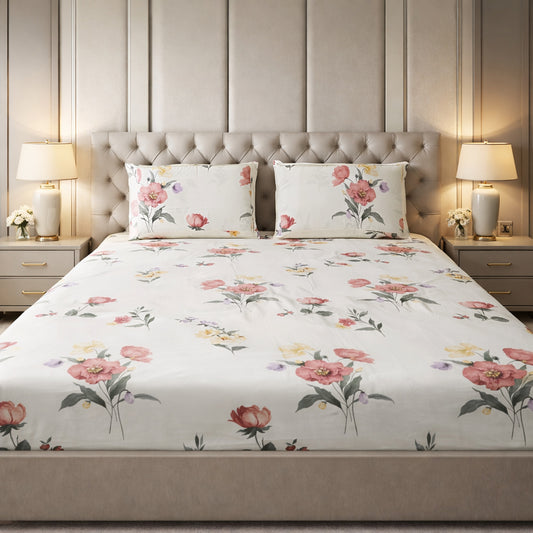Imported Pure Cotton Satin Floral White Colour Printed Bedsheet