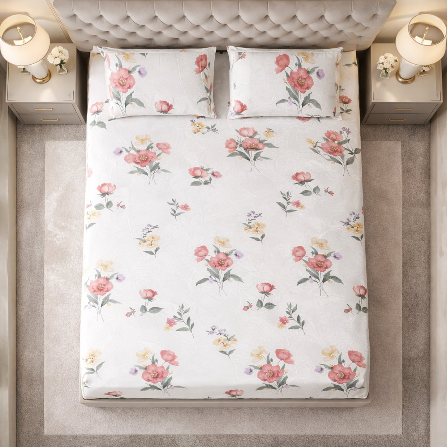 Imported Pure Cotton Satin Floral White Colour Printed Bedsheet