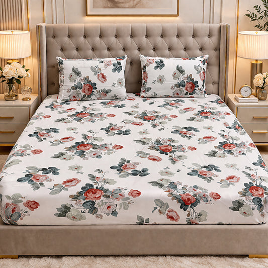 White Floral Pure Cotton King Size Bedsheet Set