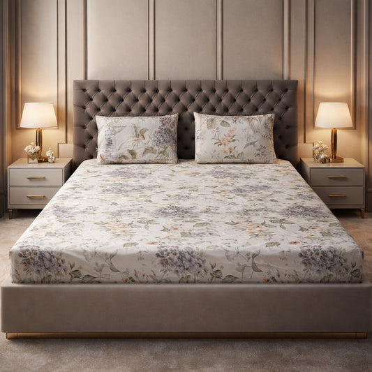 Imported Pure Cotton Satin Floral Off White Printed Bedsheet