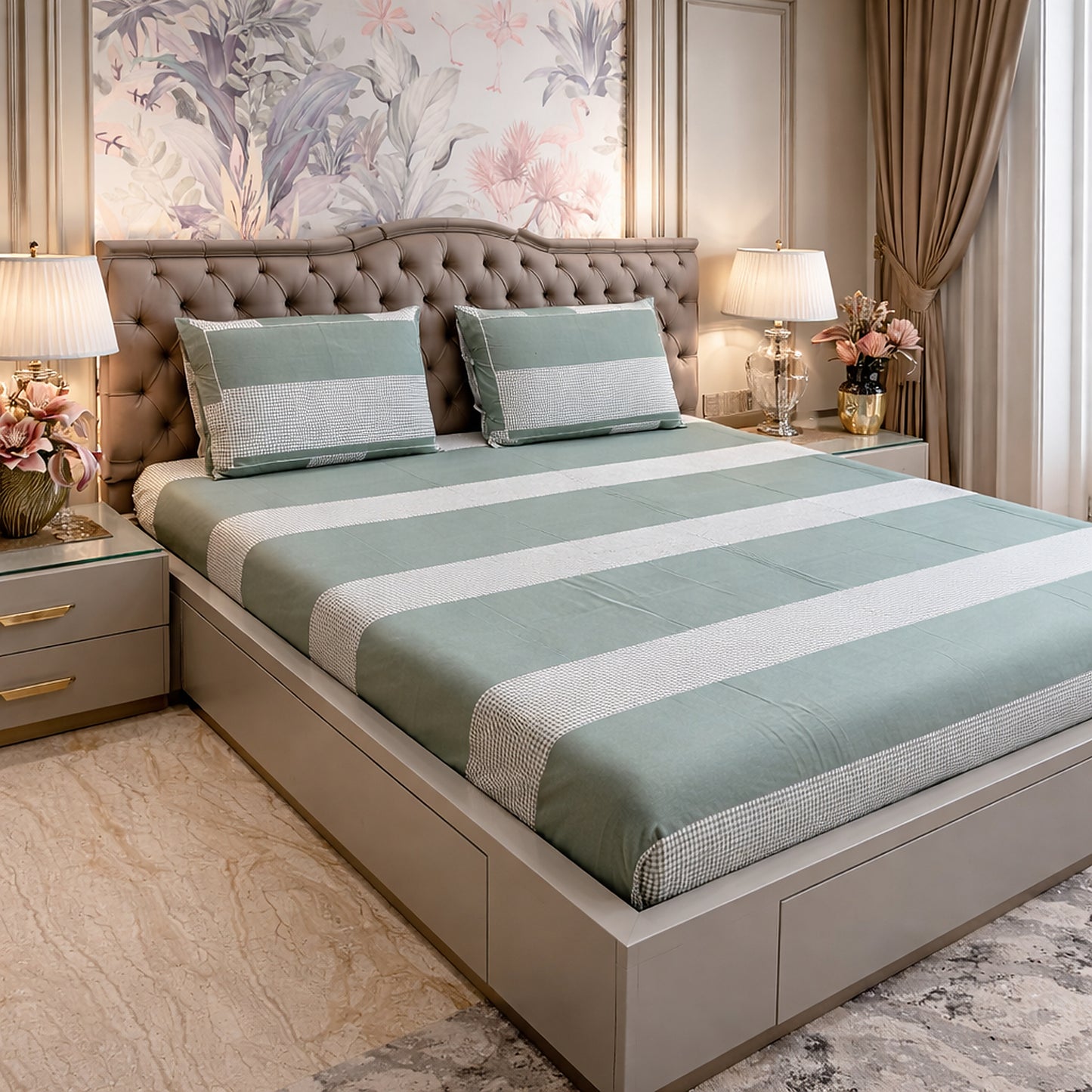 Imported Pure Cotton Stripes With Checks Bedsheet
