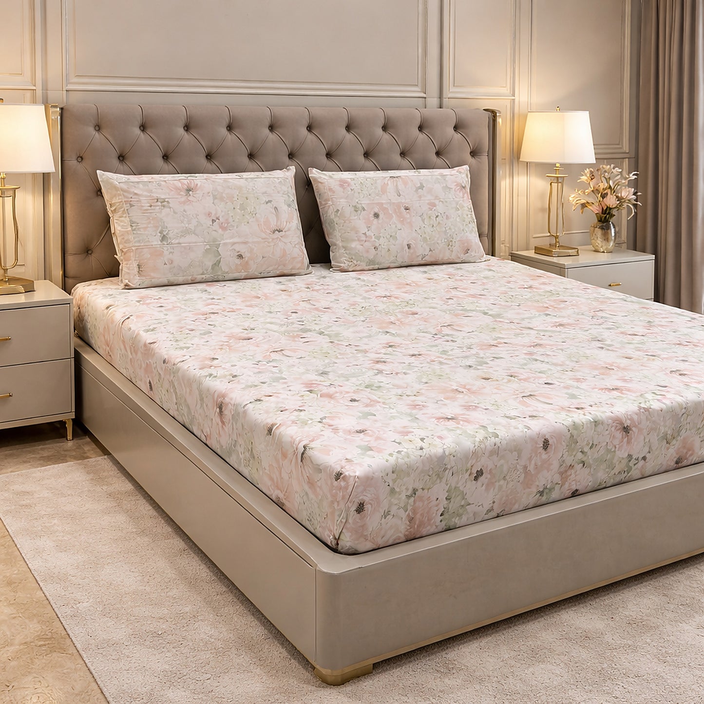 Imported Pure Cotton Floral Baby Pink & Green Bedsheet