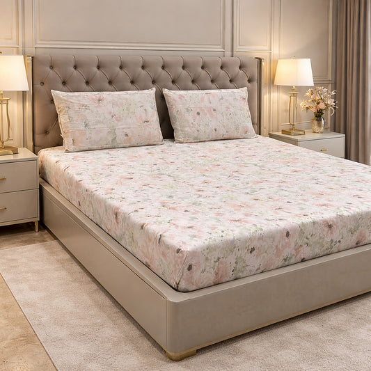 Imported Pure Cotton Floral Baby Pink & Green Bedsheet