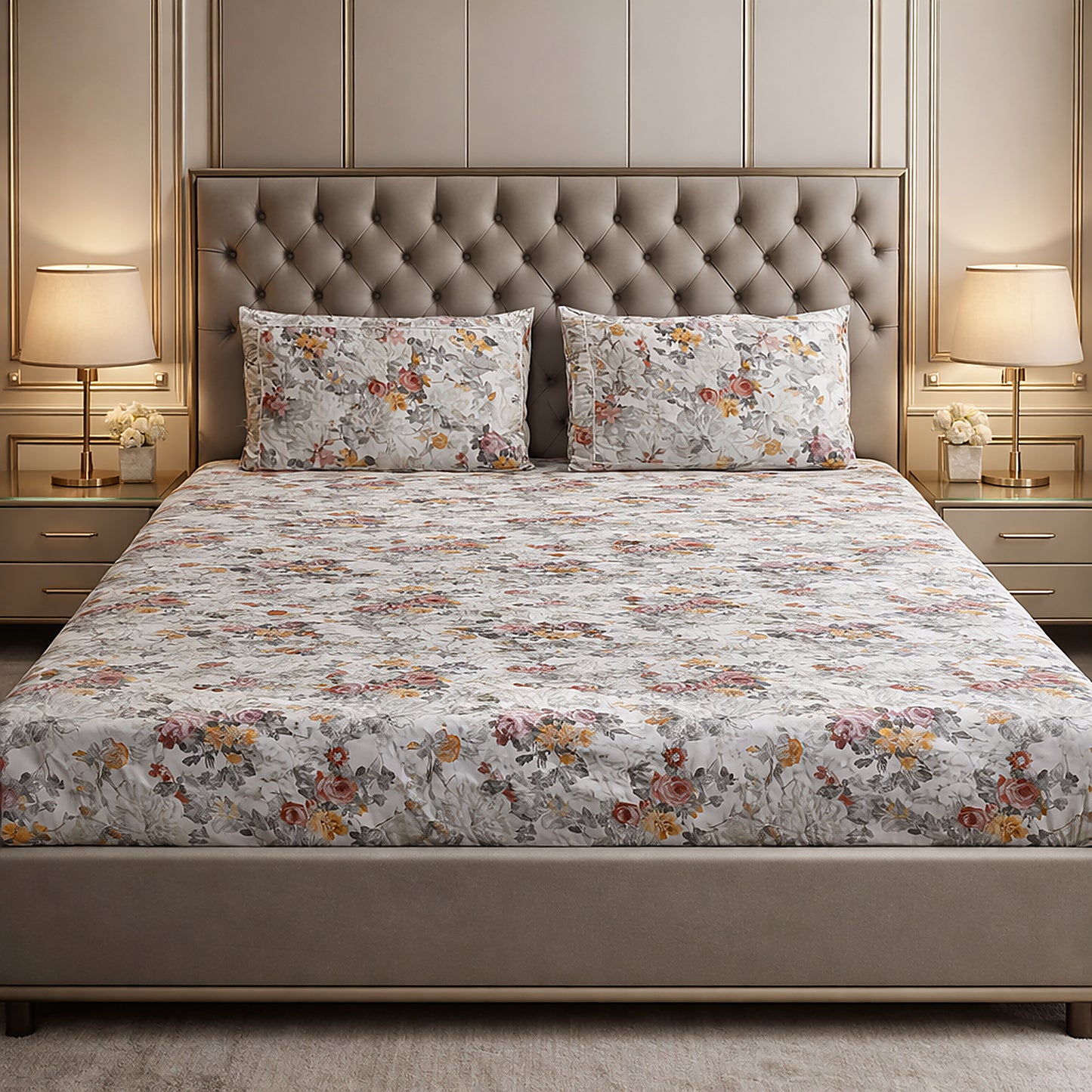 Imported Pure Cotton Satin Floral Multi Colour Printed Bedsheet