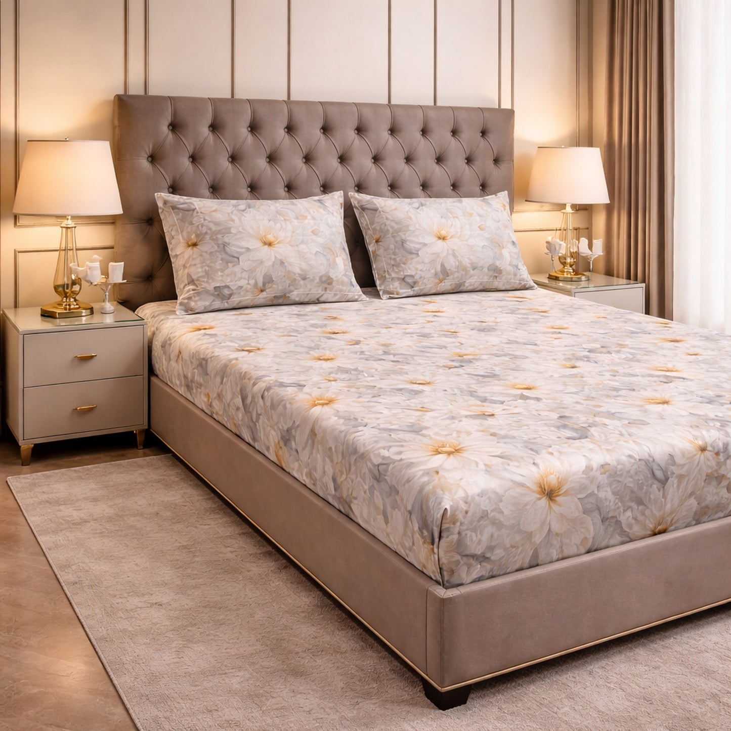 Exclusive Imported Pure Cotton Satin Floral Light Grey Colour Printed Bedsheet
