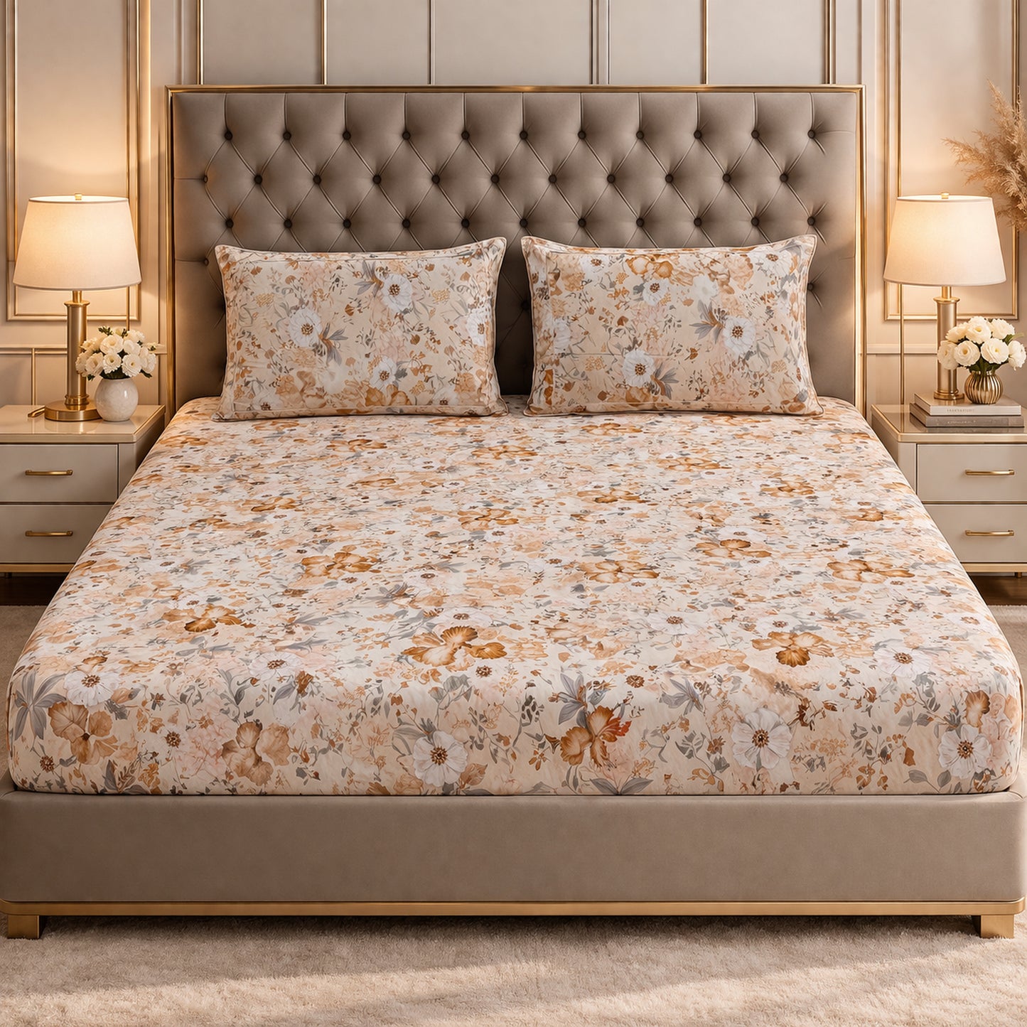 Comfortable Imported Pure Cotton Satin Floral Yellow Printed Bedsheet
