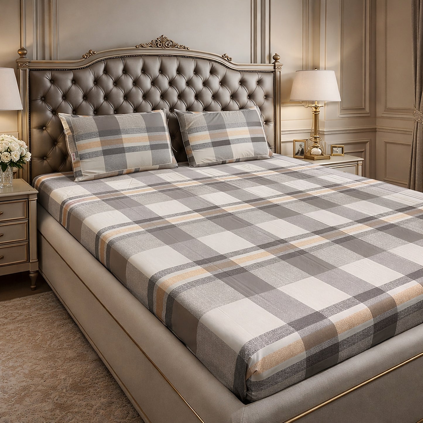Imported Pure Cotton Satin Checks Bedsheet King Size Brown Colour
