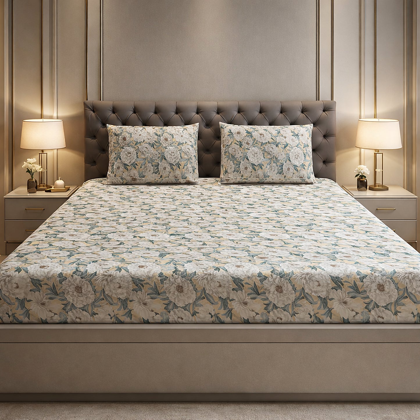 Imported Pure Cotton Satin Yellow Green Printed Bedsheet