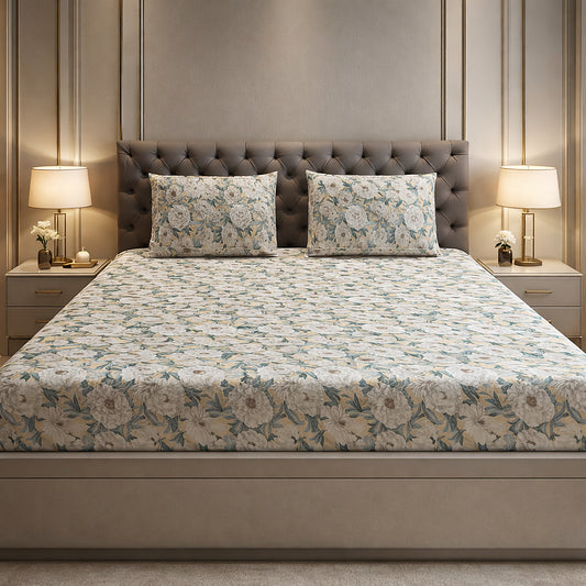 Imported Pure Cotton Satin Yellow Green Printed Bedsheet