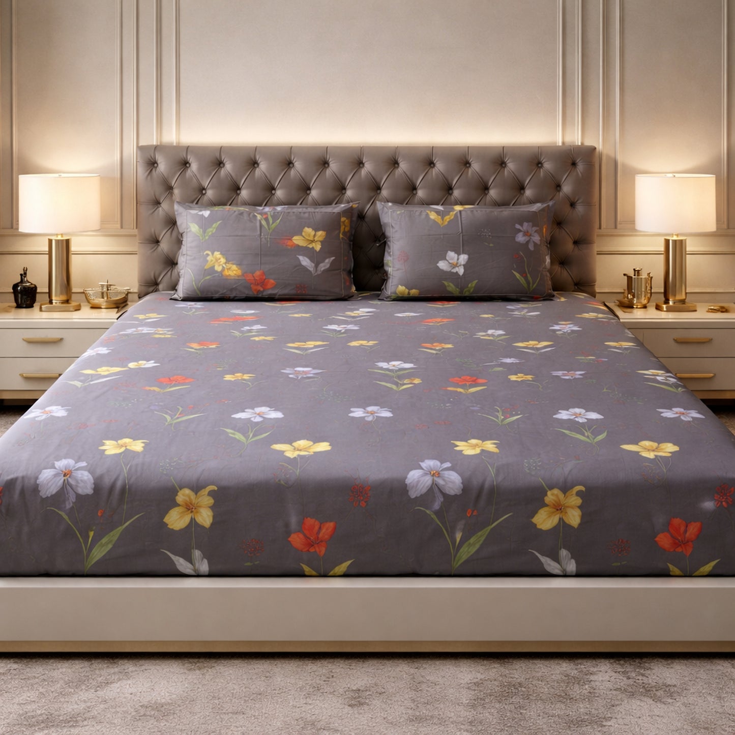 Exclusive Imported Pure Cotton Satin Floral Grey Printed Bedsheet