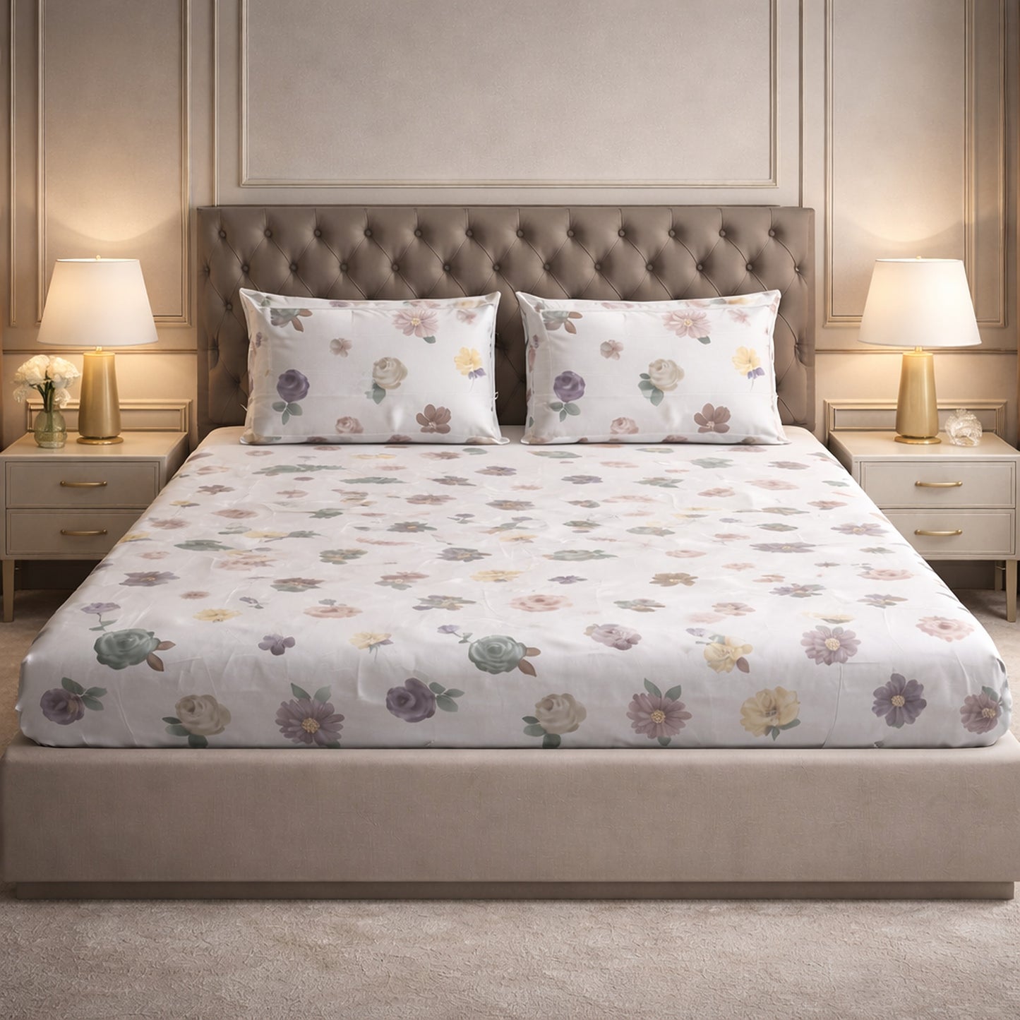 Imported Pure Cotton Satin Floral White Bedsheet