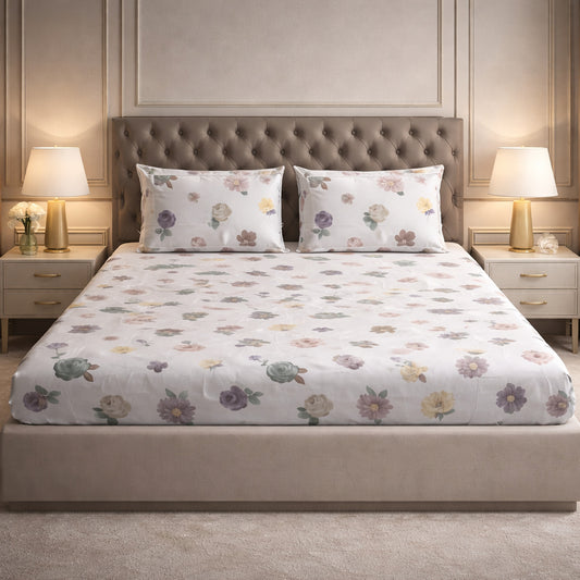 Imported Pure Cotton Satin Floral White Bedsheet