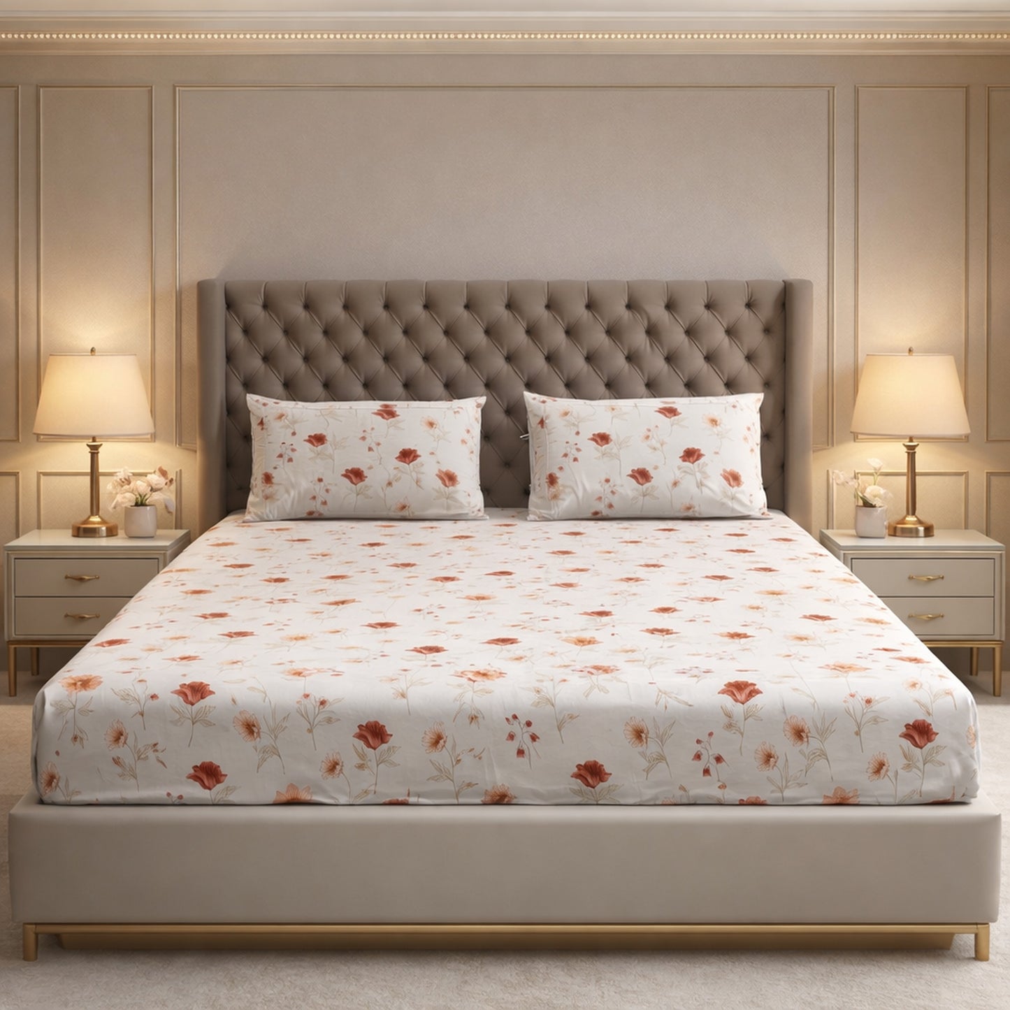 Imported Pure Cotton Satin Floral Light Beige Colour Printed Bedsheet