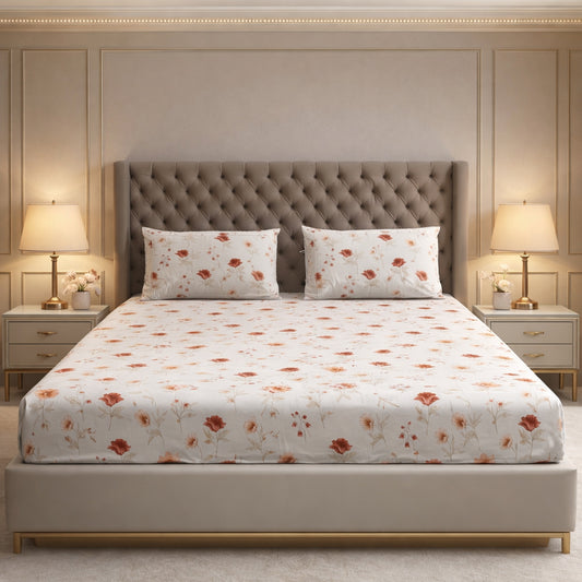 Imported Pure Cotton Satin Floral Light Beige Colour Printed Bedsheet