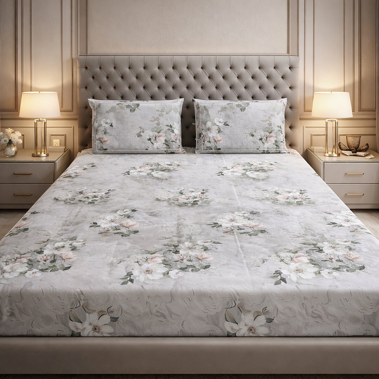 Imported Pure Cotton Satin Floral Grey Printed Bedsheet