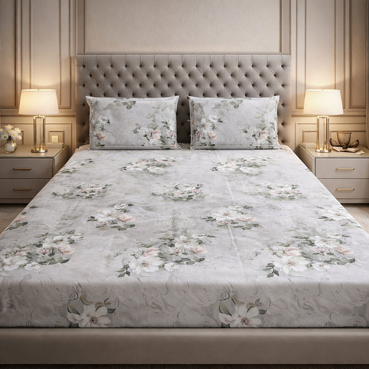 Imported Pure Cotton Satin Floral Grey Printed Bedsheet