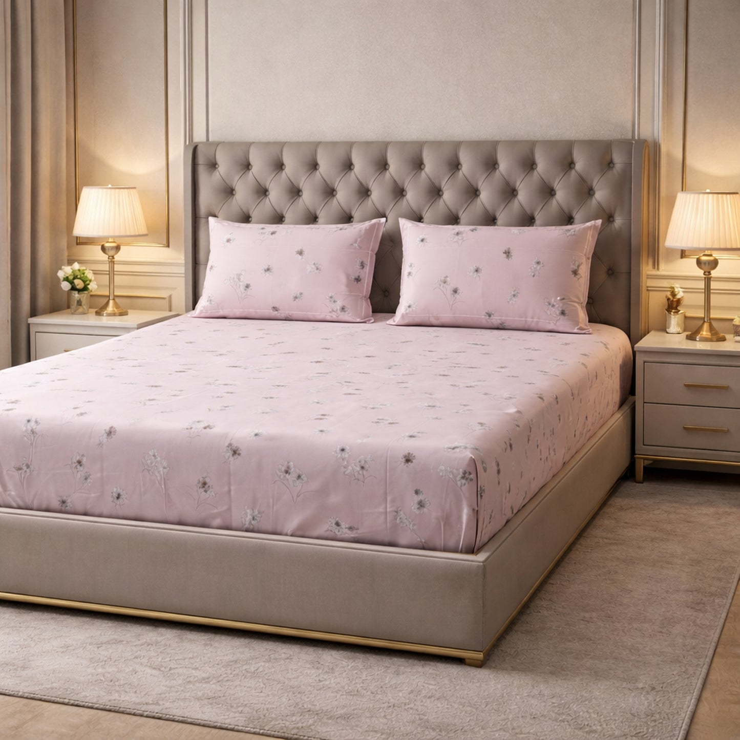 Pink Floral Pure Cotton King Size Bedsheet Set