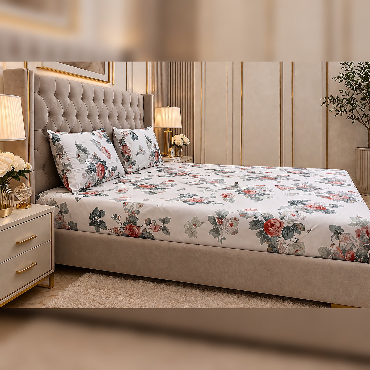 White Floral Pure Cotton King Size Bedsheet Set