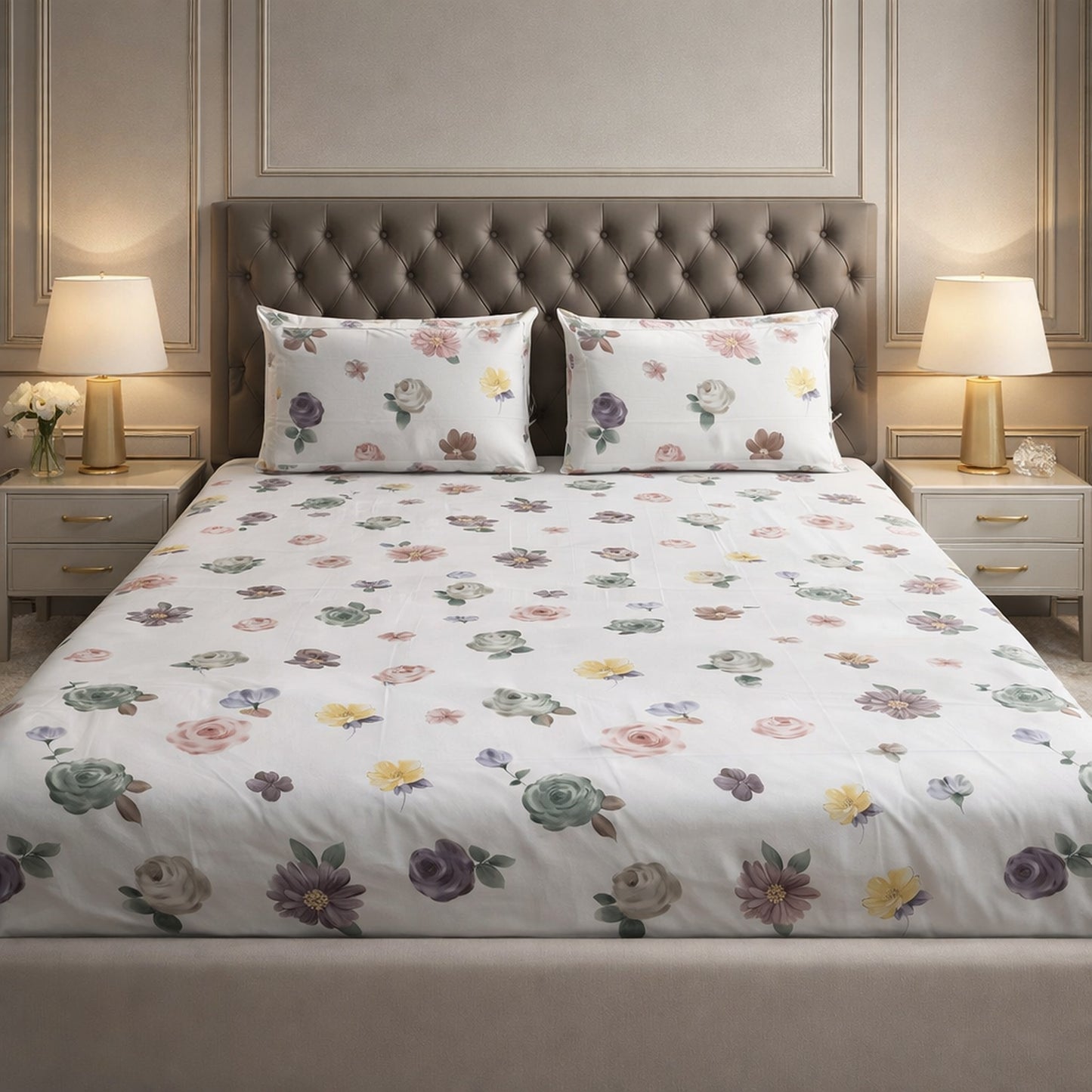 Imported Pure Cotton Satin Floral White Bedsheet