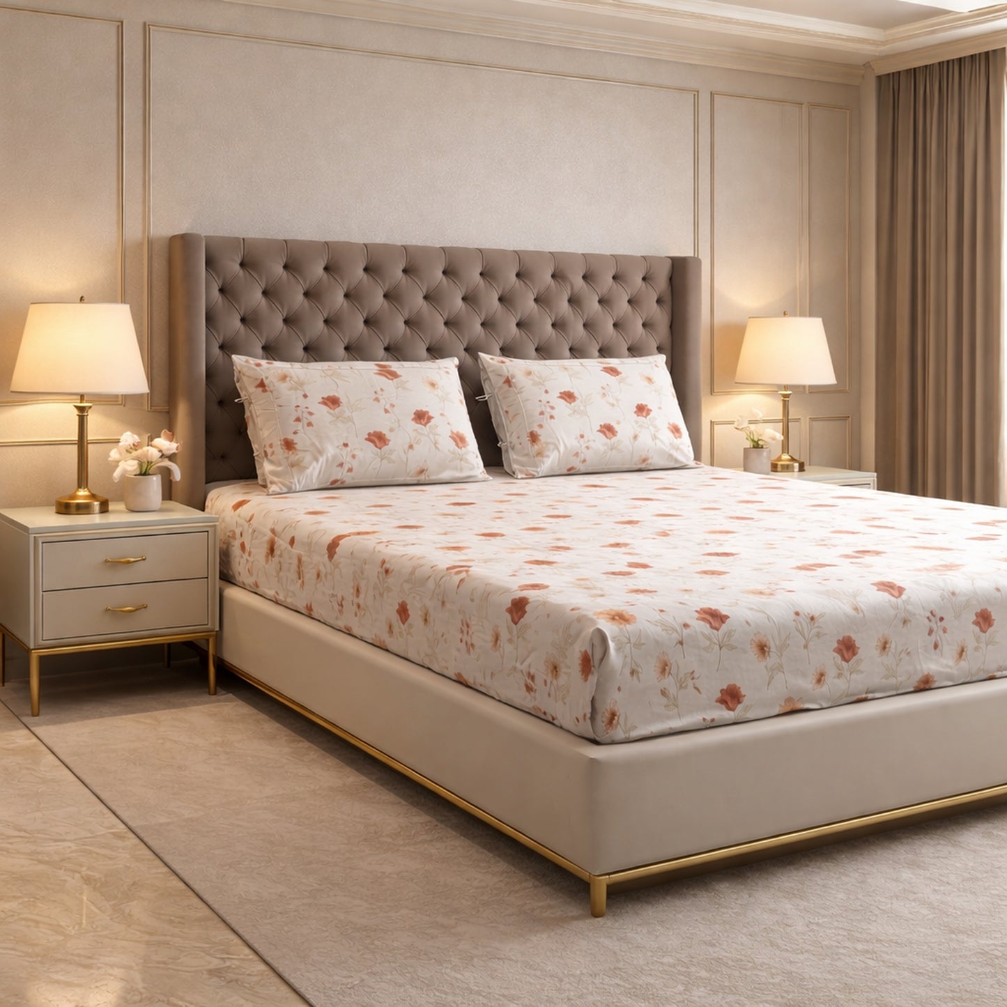 Imported Pure Cotton Satin Floral Light Beige Colour Printed Bedsheet