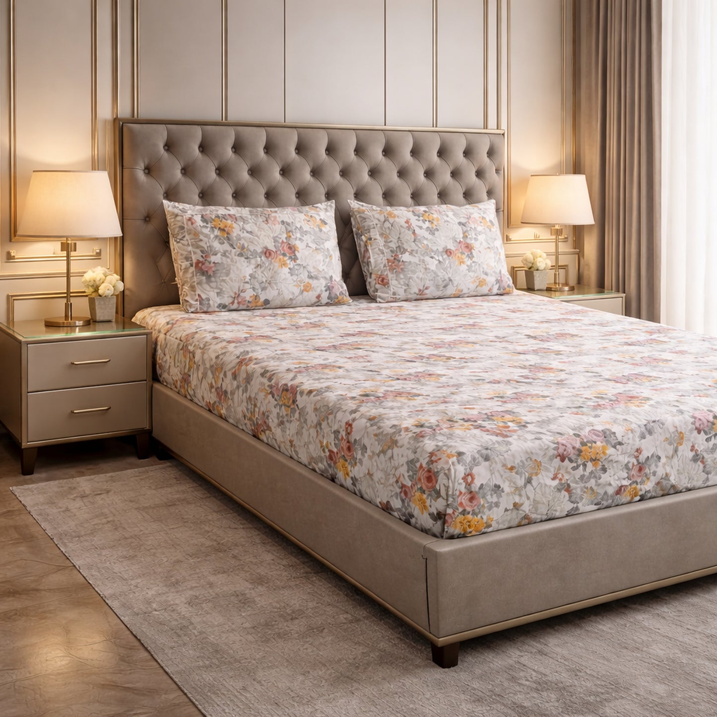 Imported Pure Cotton Satin Floral Multi Colour Printed Bedsheet