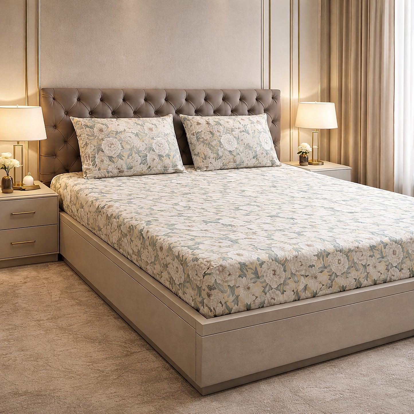 Imported Pure Cotton Satin Yellow Green Printed Bedsheet