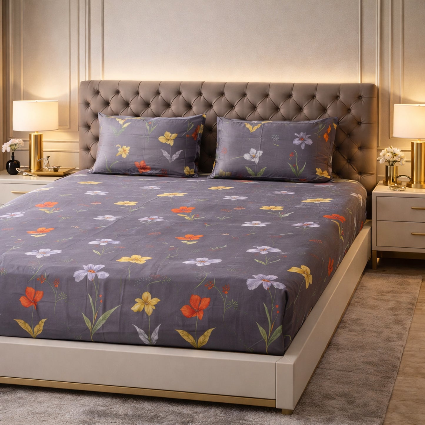 Exclusive Imported Pure Cotton Satin Floral Grey Printed Bedsheet