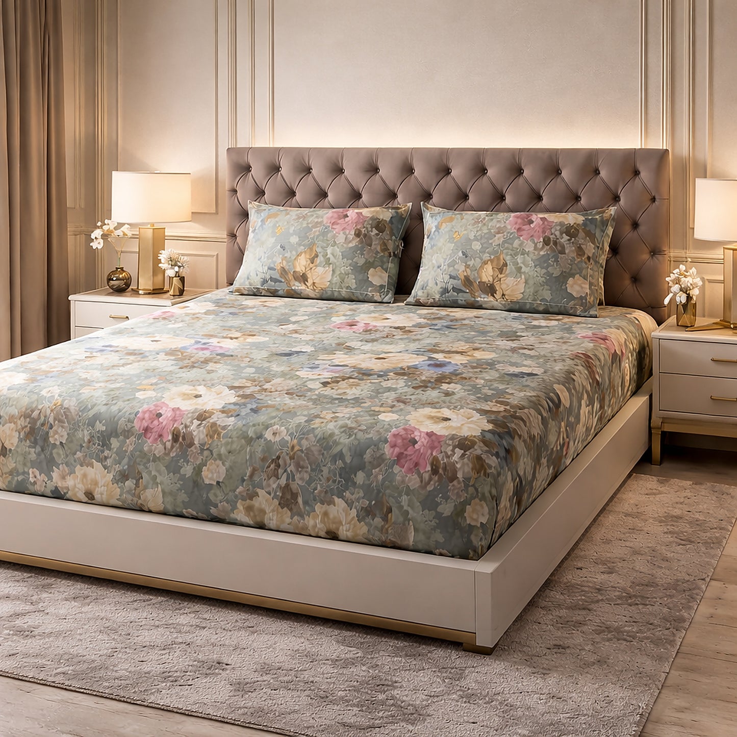 Imported Pure Cotton Satin Bright Floral Green Printed Bedsheet
